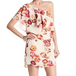 Haute Hippie Ivory & Red Floral Ruffle One Shoulder Mini Dress - M